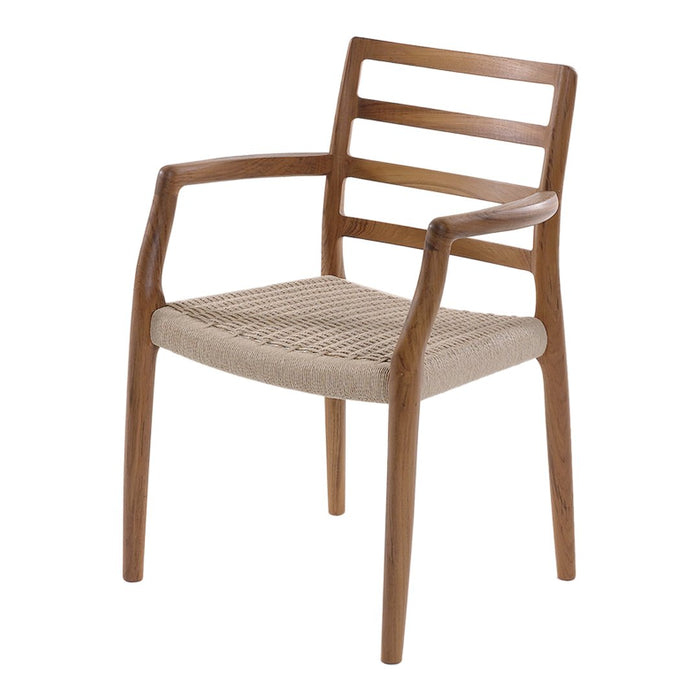 Light brown wooden chair with a beige woven seat and slatted backrest, featuring a modern, clean design.