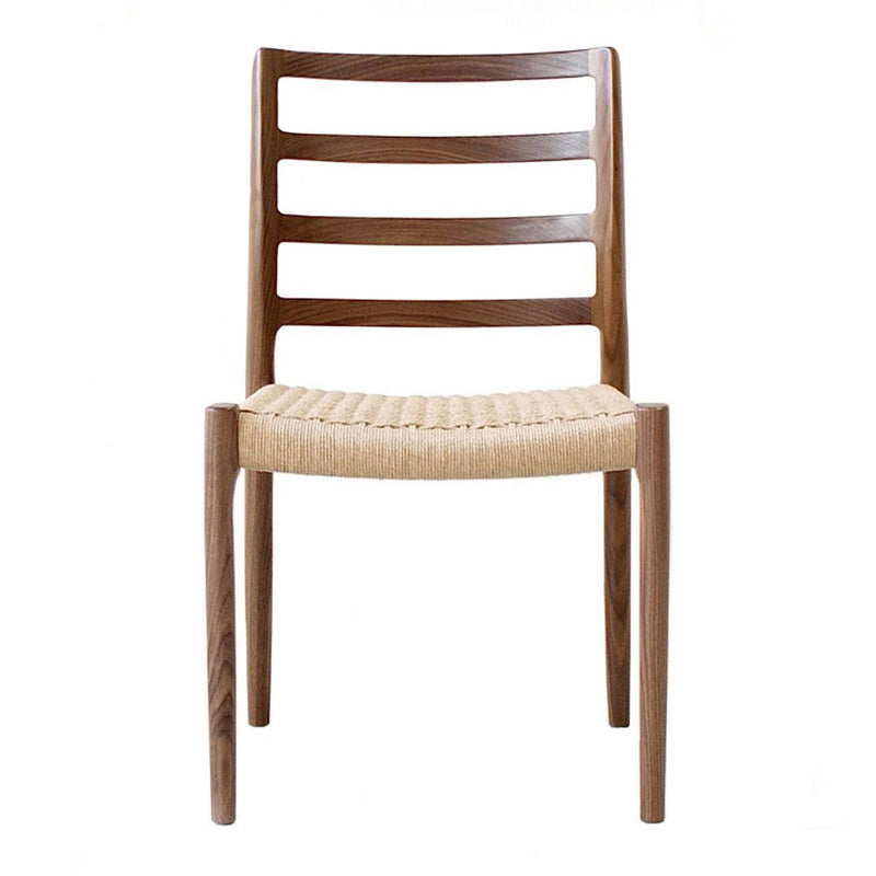 Brown wooden chair with a woven beige seat and a simple slatted back design. Elegant and modern aesthetic.
