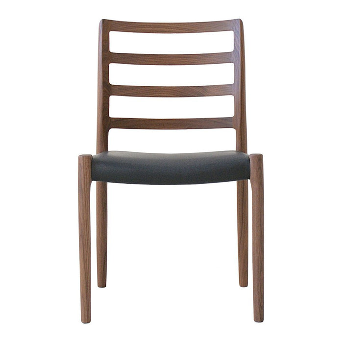 "Modern wooden chair with a rich brown frame and sleek black seat, featuring minimalistic horizontal slats."