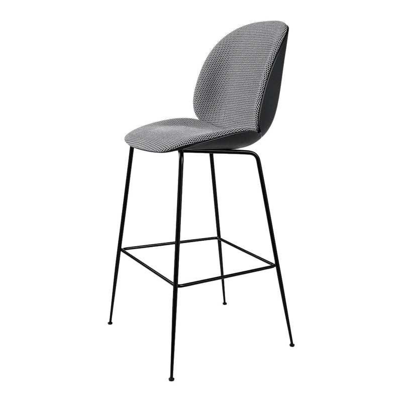 Gray ribbed upholstered bar stool with sleek black metal legs, perfect for modern decor.