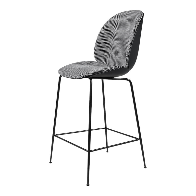 Gray upholstered bar stool with a smooth surface and minimalist black metal legs. Elegant and modern design.