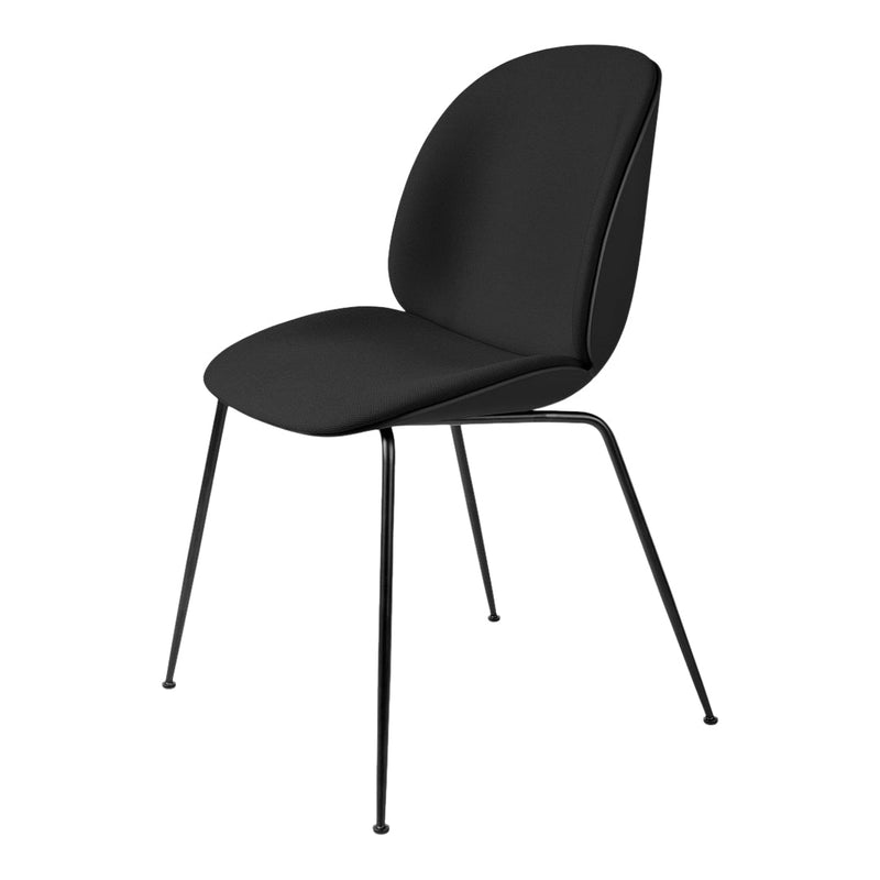Sleek black chair with a smooth finish and minimalist design, featuring slender black metal legs. Perfect for modern spaces.