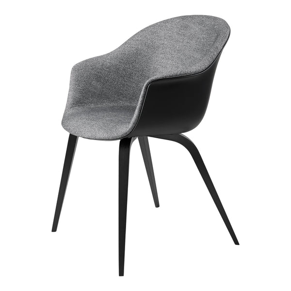 Stylish gray upholstered chair with a sleek black base, featuring a modern, minimalist design.
