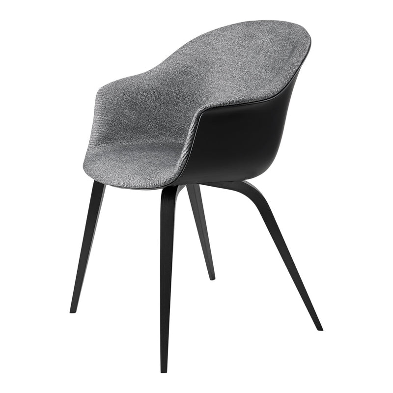 Stylish gray upholstered chair with a sleek black base, featuring a modern, minimalist design.