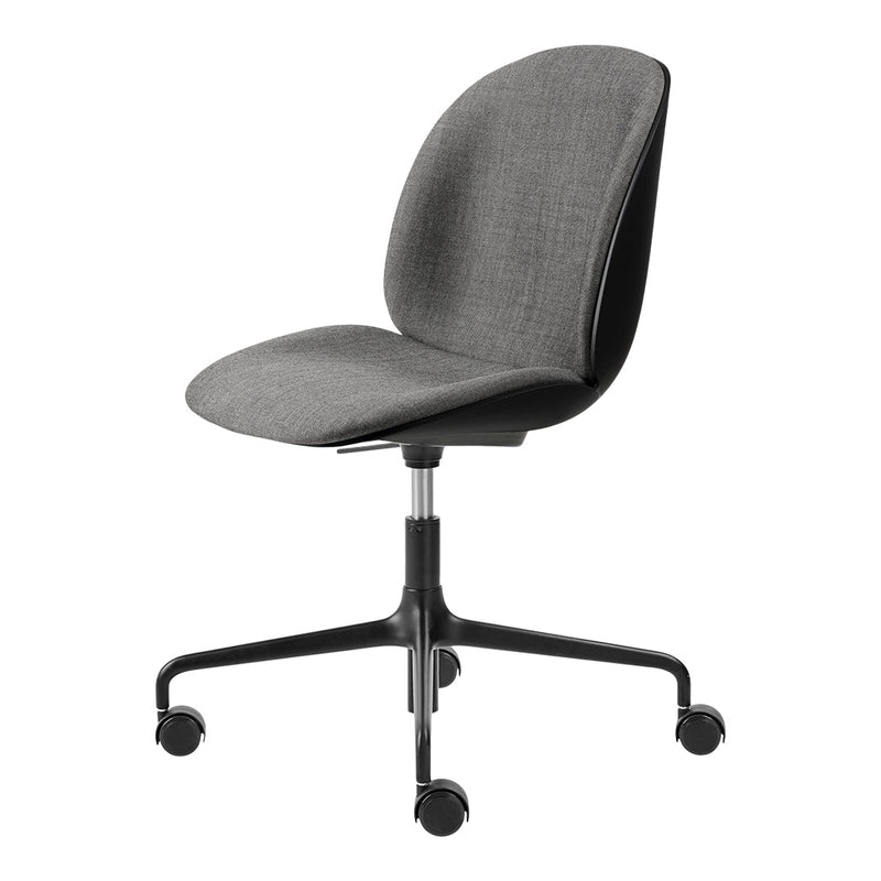Gray upholstered office chair with a smooth, minimalist design and a sleek black five-star base.