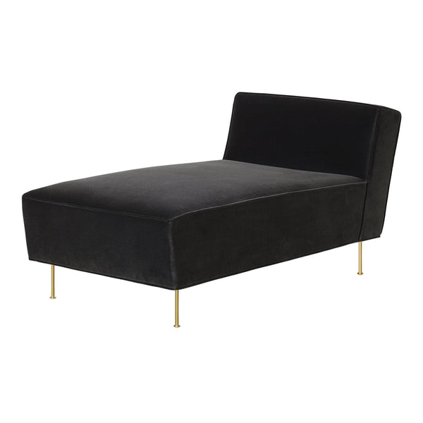 Black velvet chaise lounge with sleek design and gold legs, perfect for modern interiors. Soft texture and minimalist style.