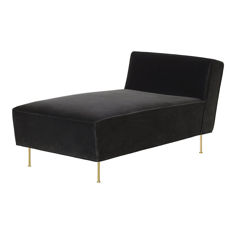 Black velvet chaise lounge with sleek design and gold legs, perfect for modern interiors. Soft texture and minimalist style.