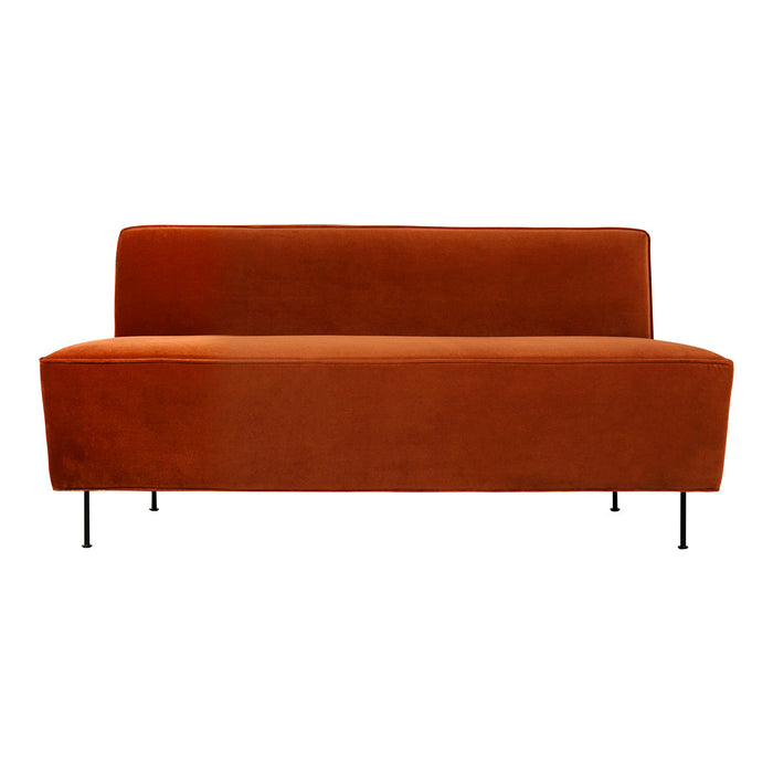 Modern orange velvet sofa with a sleek, minimalist design and black metal legs. Perfect for stylish living spaces.