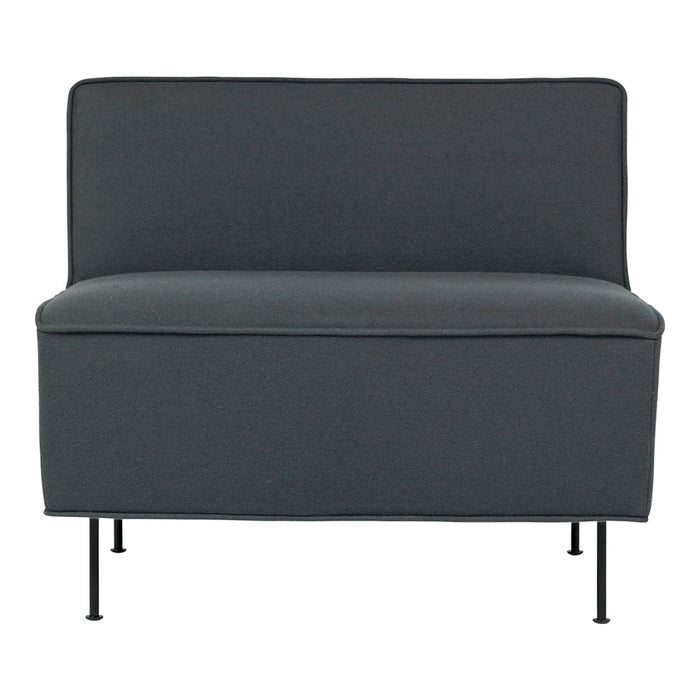 Grey upholstered loveseat with a minimalist design and sleek black metal legs. Perfect for modern decor.