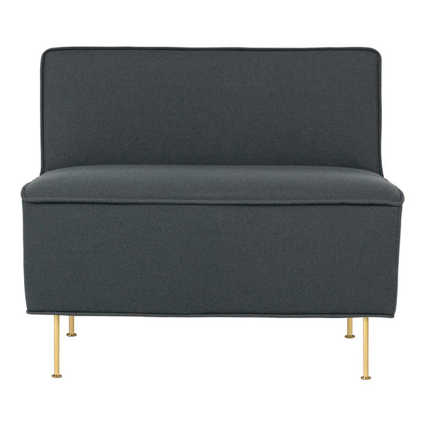 "Solid charcoal gray fabric loveseat with sleek gold legs, minimalist design, perfect for modern decor."