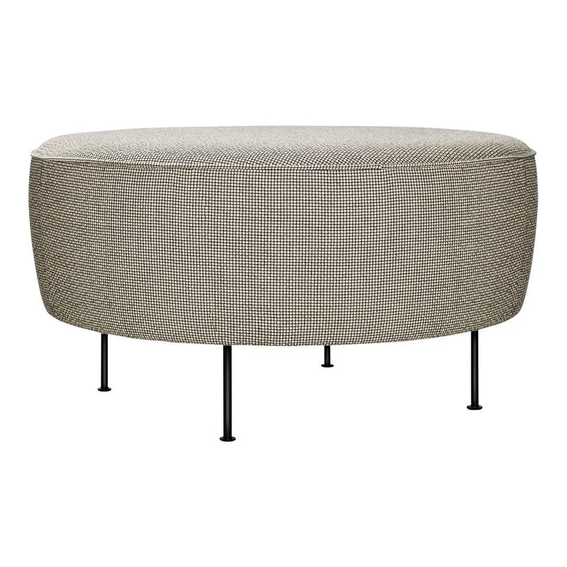 Round ottoman in light gray textured fabric with black metal legs. Modern and versatile design for any living space.