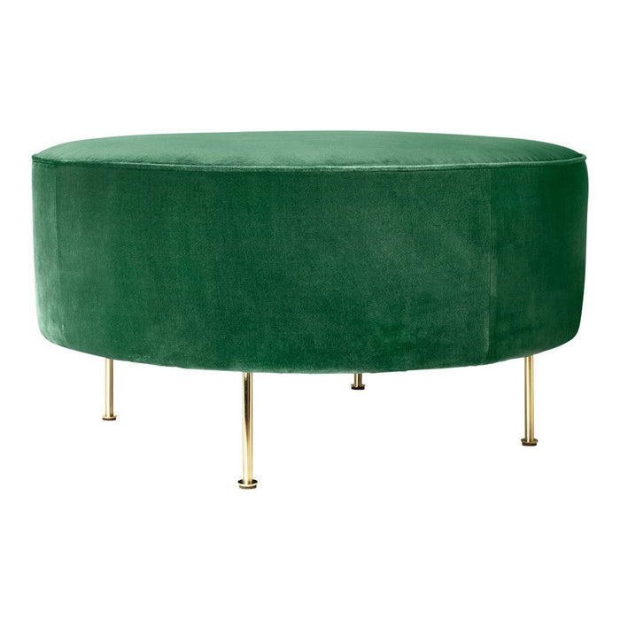 Round green velvet ottoman with gold legs, featuring a smooth, solid color and modern design. Ideal for stylish interiors.