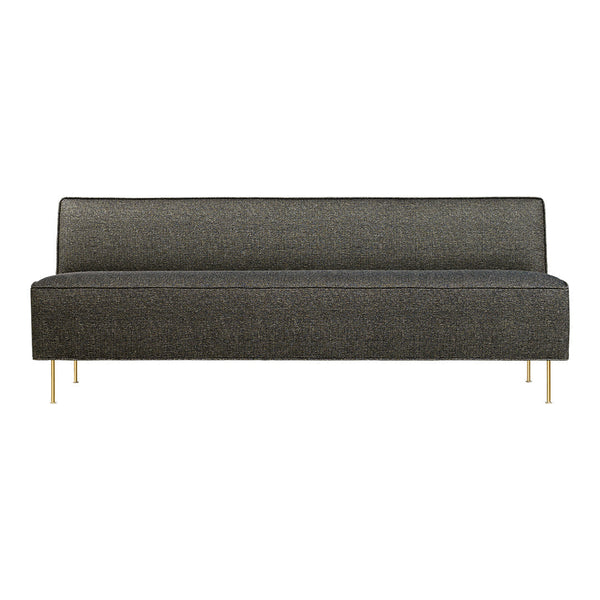 Modern gray sofa with textured fabric, featuring sleek gold legs and minimalist design. Perfect for contemporary decor.
