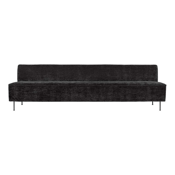 Modern black velvet sofa with a clean, minimalist design and subtle texture. Ideal for contemporary decor.