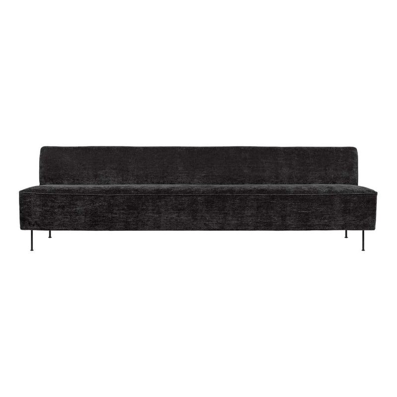 Modern black velvet sofa with a clean, minimalist design and subtle texture. Ideal for contemporary decor.