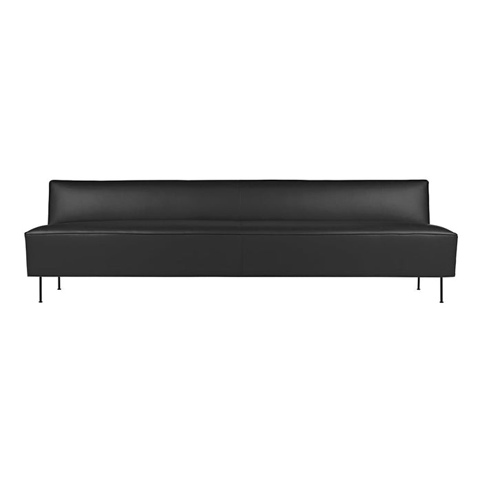"Stylish black leather sofa with a sleek, minimalist design and smooth finish, perfect for modern decor."