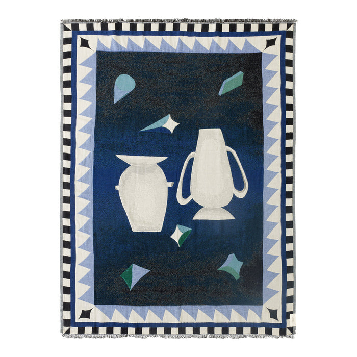 Navy blue backdrop with geometric patterns, featuring white vases and teal accents, bordered by a black and white checkered frame.