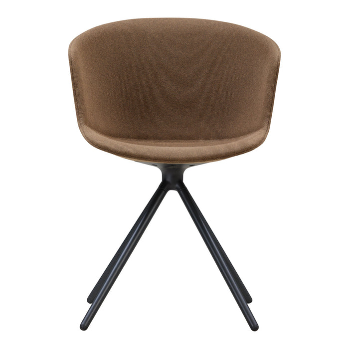 Brown upholstered chair with a smooth texture and sleek black tripod legs, perfect for modern decor.