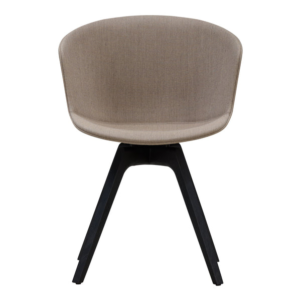 Light beige fabric chair with a smooth texture and black wooden legs, featuring a modern, sleek design.