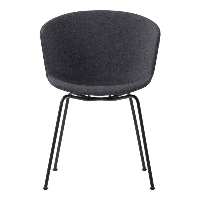 Round gray upholstered chair with a sleek black metal frame. Simple and modern design with textured fabric.