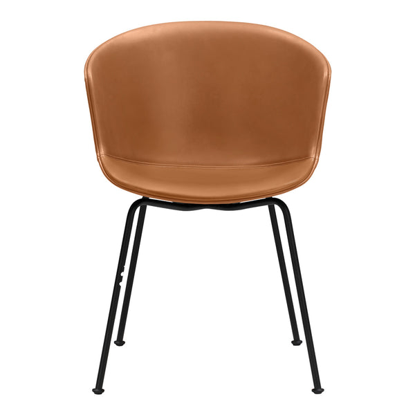 Brown leather chair with a sleek black metal frame, featuring a smooth, rounded design for modern decor.