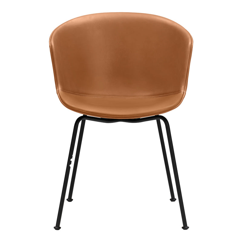 Brown leather chair with a sleek black metal frame, featuring a smooth, rounded design for modern decor.