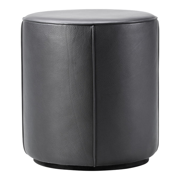 Black leather round ottoman with a smooth surface and minimalistic design. Perfect for modern decor.