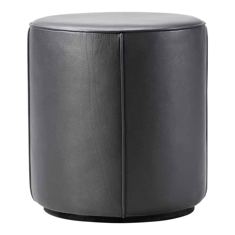 Black leather round ottoman with a smooth surface and minimalistic design. Perfect for modern decor.