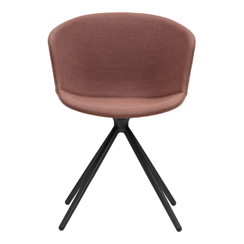 Modern chair featuring a soft rose upholstery and sleek black legs, perfect for contemporary decor.
