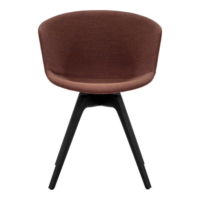 Brown upholstered chair with a textured pattern and minimalistic black wooden legs. Perfect for modern decor.