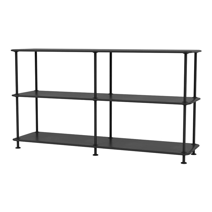 Black metal shelving unit with a sleek, minimalistic design and three spacious shelves for versatile storage.