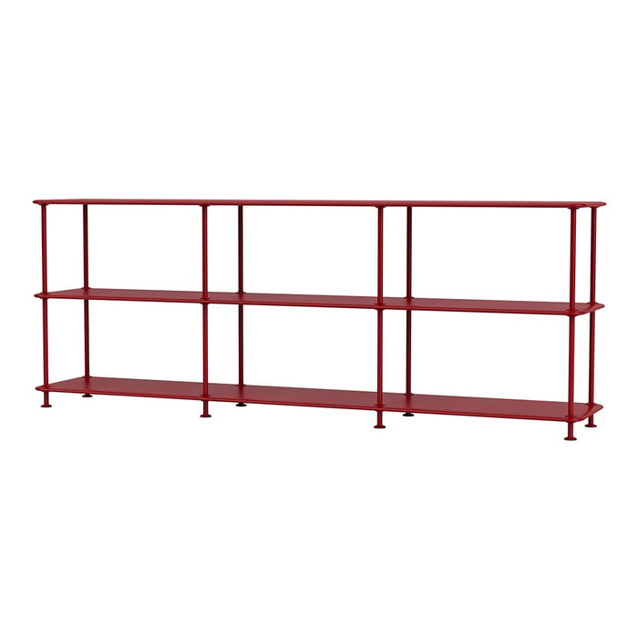Red metallic shelving unit with sleek, minimalist design and open shelves. Ideal for modern home decor.