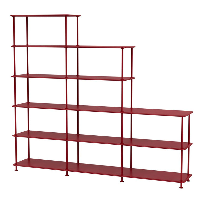 Red metal shelving unit with a modern geometric design and multiple open shelves. Ideal for stylish storage solutions.