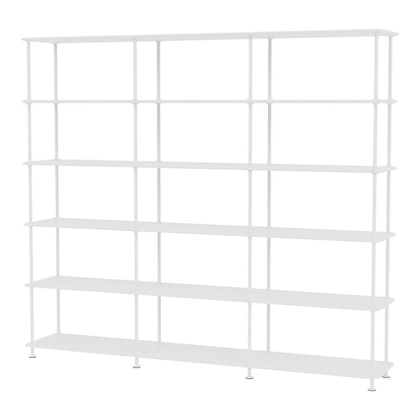 White metal shelving unit with a minimalistic design and multiple open shelves for versatile storage solutions.