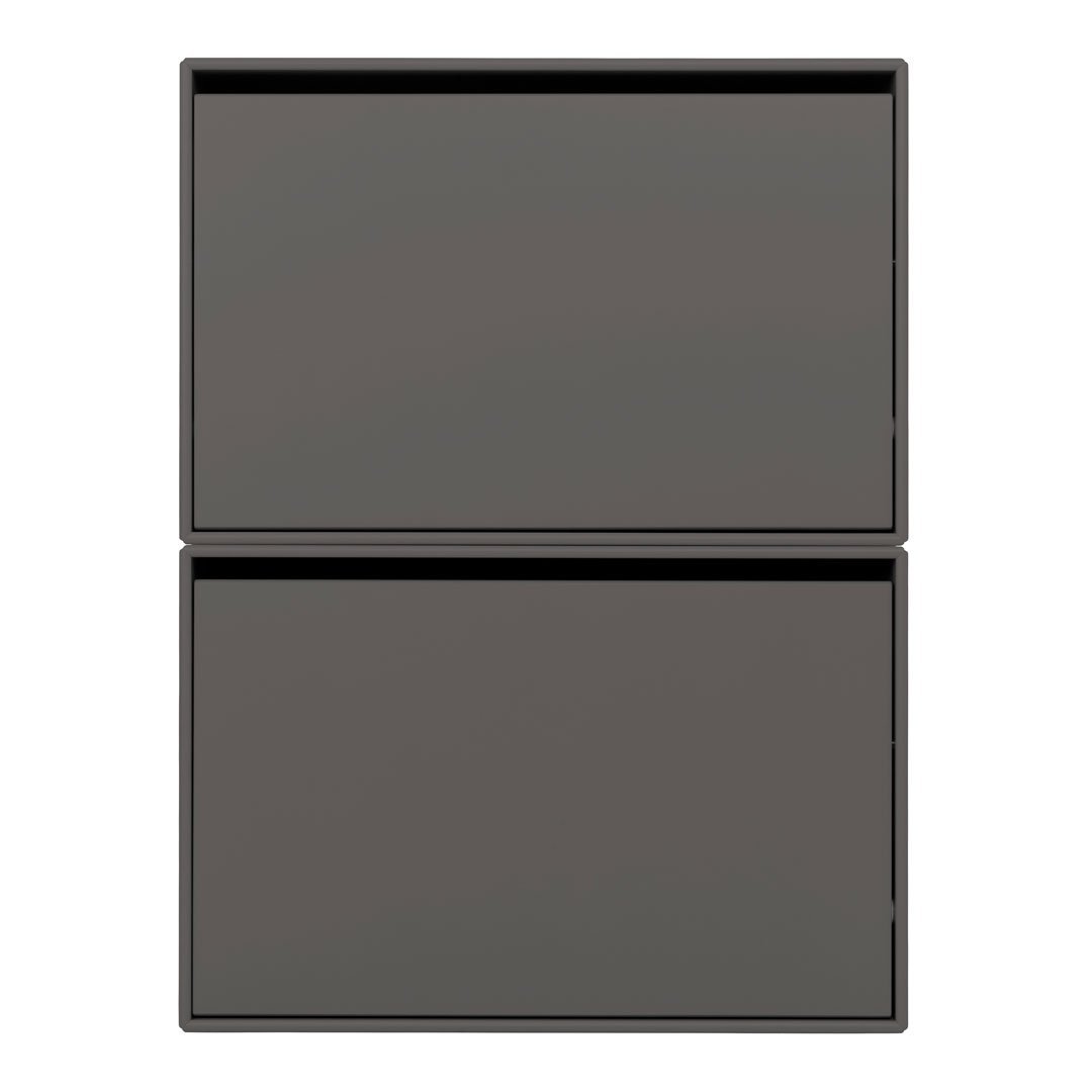 Gray double drawer storage unit with a sleek, smooth surface and minimalist design. Perfect for modern decor.