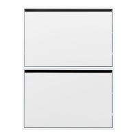 Minimalist white double-door refrigerator with a sleek stainless steel trim, featuring a smooth, matte finish.