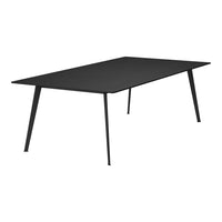 Sleek black rectangular dining table with a smooth finish and modern black metal legs, perfect for contemporary decor.