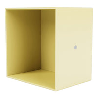 Yellow storage cube with a sleek, solid pattern and a small silver dot detail on one side. Perfect for organizing spaces.