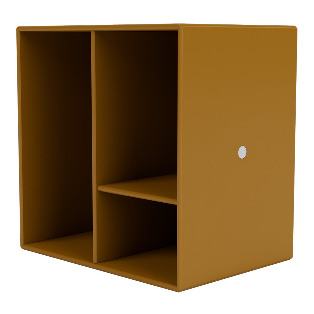 Stylish mustard yellow storage cube with two compartments and a single white accent dot. Modern design for organizing.