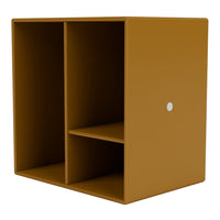 Stylish mustard yellow storage cube with two compartments and a single white accent dot. Modern design for organizing.