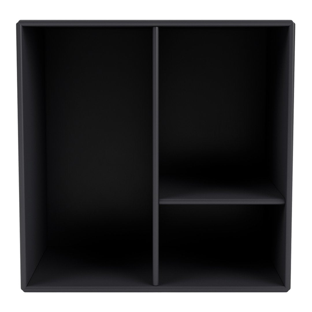 Black storage cube with minimalist design, featuring two large compartments and one small shelf. Perfect for modern decor.