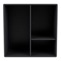 Black storage cube with minimalist design, featuring two large compartments and one small shelf. Perfect for modern decor.