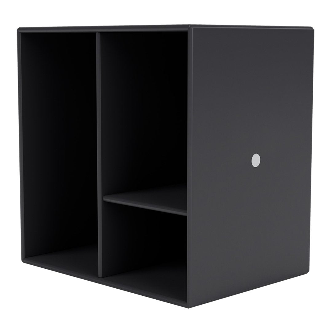 Black storage cube with a sleek, minimalist design and a subtle silver dot detail. Ideal for modern decor.