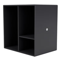 Black storage cube with a sleek, minimalist design and a subtle silver dot detail. Ideal for modern decor.
