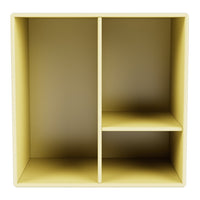 Yellow storage cube with two compartments and a lower shelf, minimalist design and smooth finish.