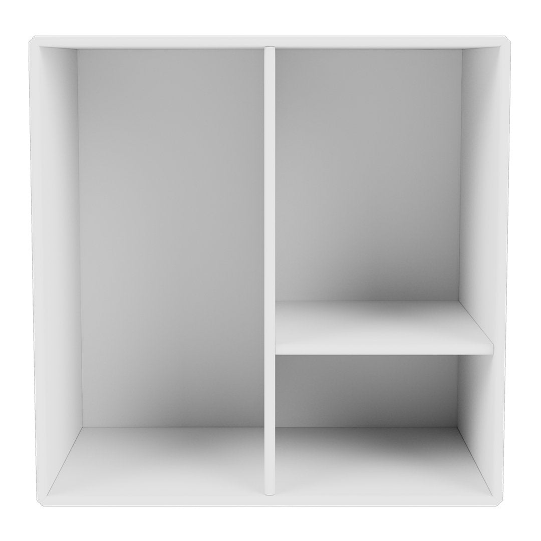 White cubed shelf with a clean, minimalist design and three compartments for organized storage.