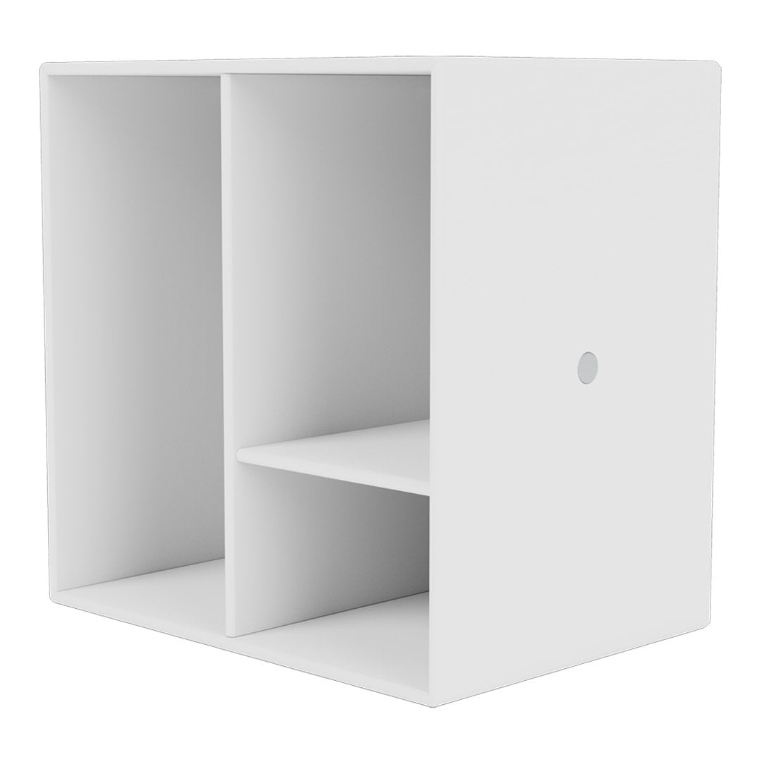 Minimalist white cube storage unit with two compartments and smooth, clean lines. Perfect for modern decor.