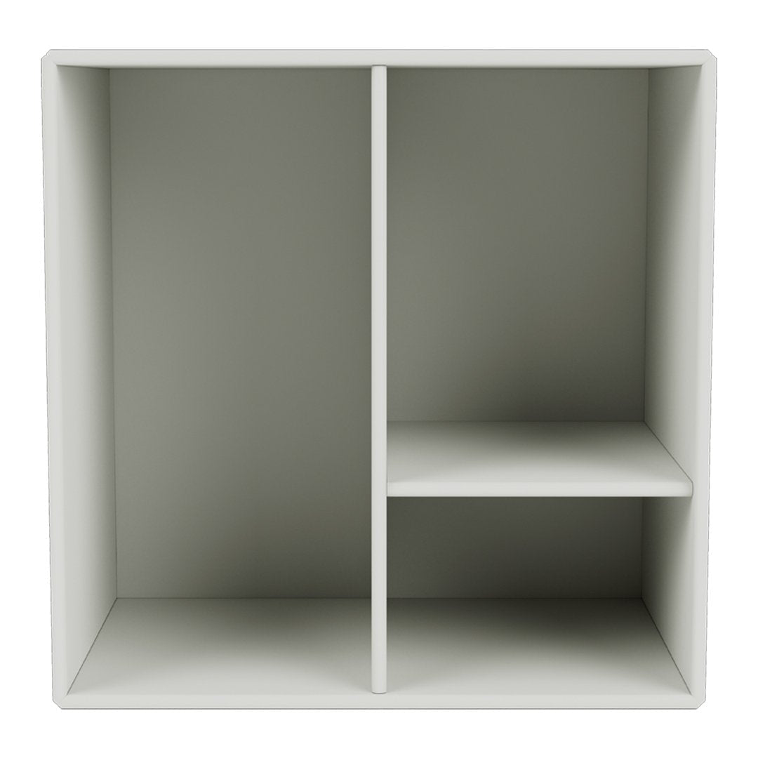 Stylish light gray cube shelving unit with a minimalist design and two compartments. Perfect for modern decor.