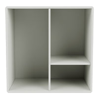 Stylish light gray cube shelving unit with a minimalist design and two compartments. Perfect for modern decor.