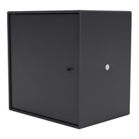 Sleek black storage cabinet with a smooth matte finish and minimalist design, featuring a simple round knob.